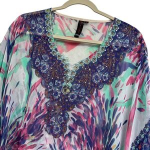 La Moda Clothing Kaftan Tunic Womens One Size Blue Purple Sheer Beaded V Neck